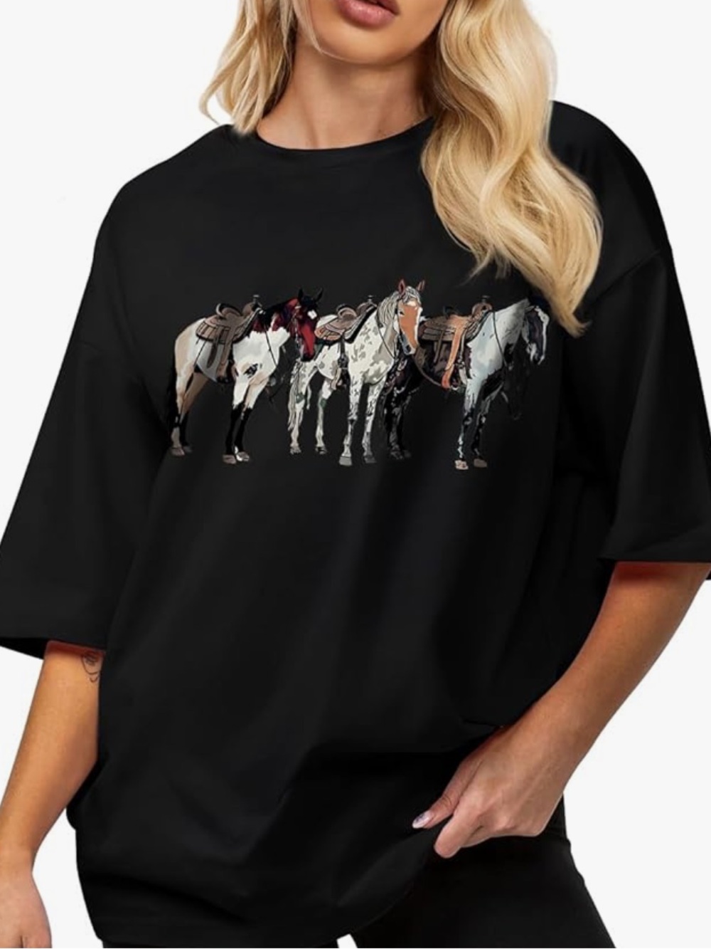 Oversized horse print top  Graphic Tee with Saddled Horses